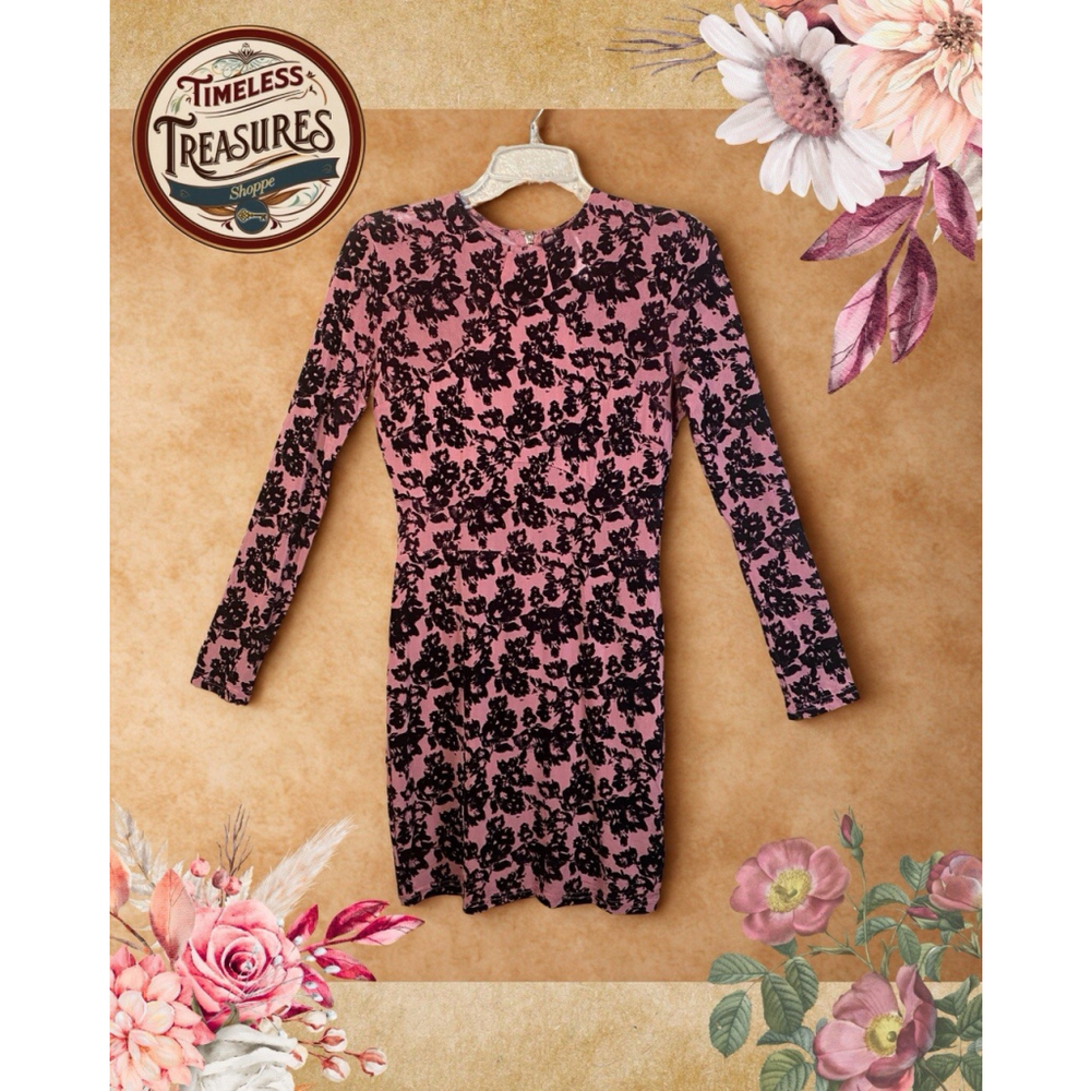 Windsor Form Fitting Dress Lg Mini Short Length Floral Crew Neck Long Sleeves